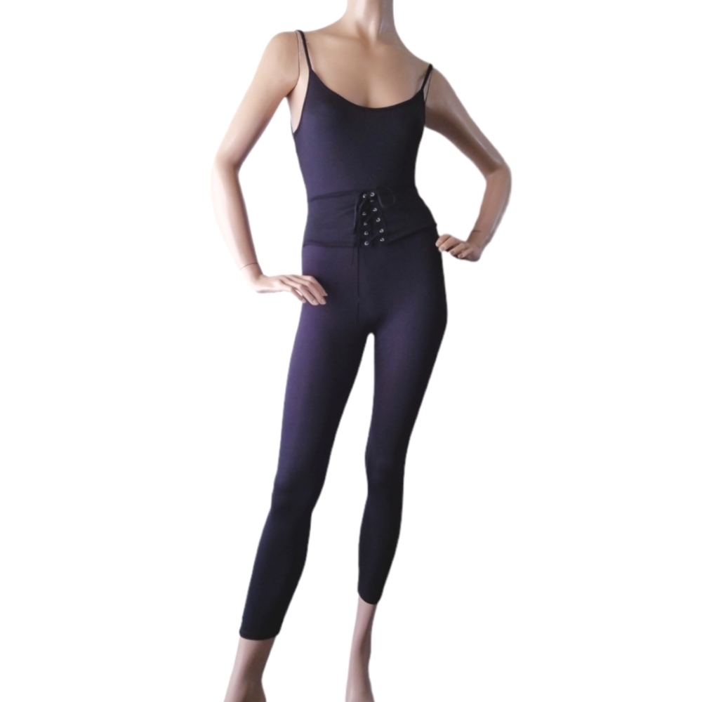 Topia Black On Black Lace Up Waist Corset Jumpsuit